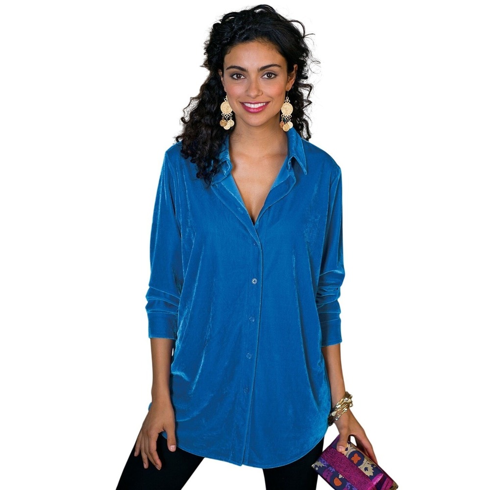 Soft Surroundings‎ Velvet Boyfriend Tunic Button Up Shirt Blue 3x